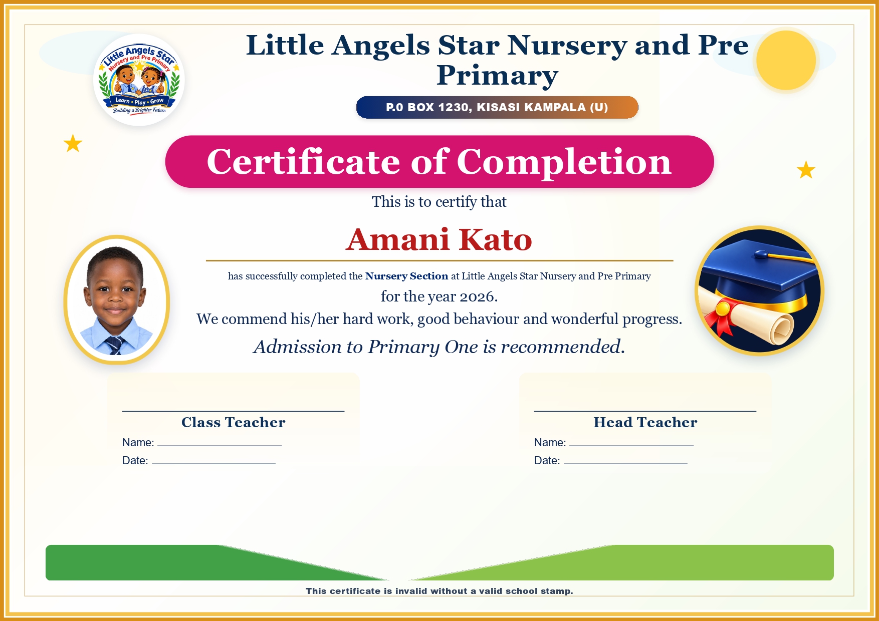 Nursery Certificate of Completion for Top Class to Primary One